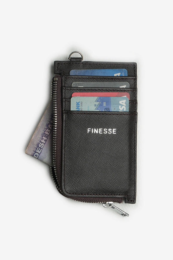 A black textured zip-around card holder wallet with multiple card slots, shown on a light gray background with some cards partially inserted.